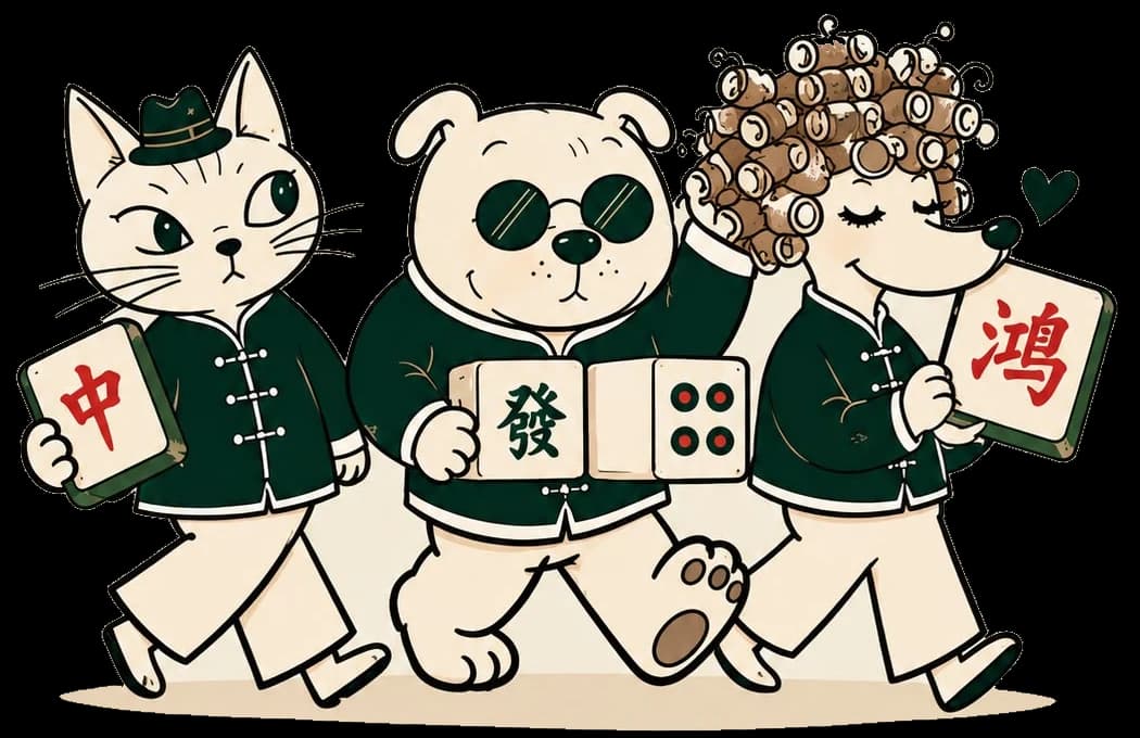 The Hong Mahjong regulars on their way to the table: a cat in a hat with a 中 tile, a dog in sunglasses carrying 發 tiles, and a poodle in curlers holding a 鴻 tile